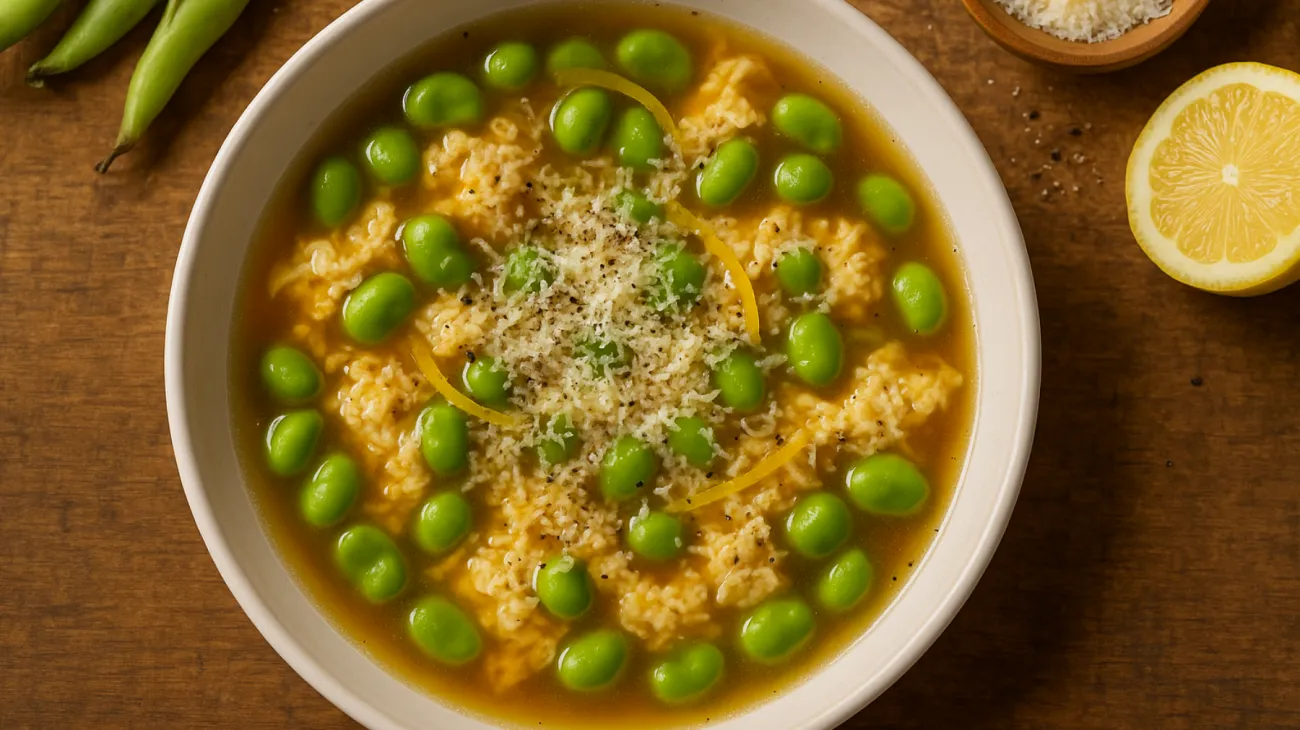fave fresche scorza di limone brodo di carne"
