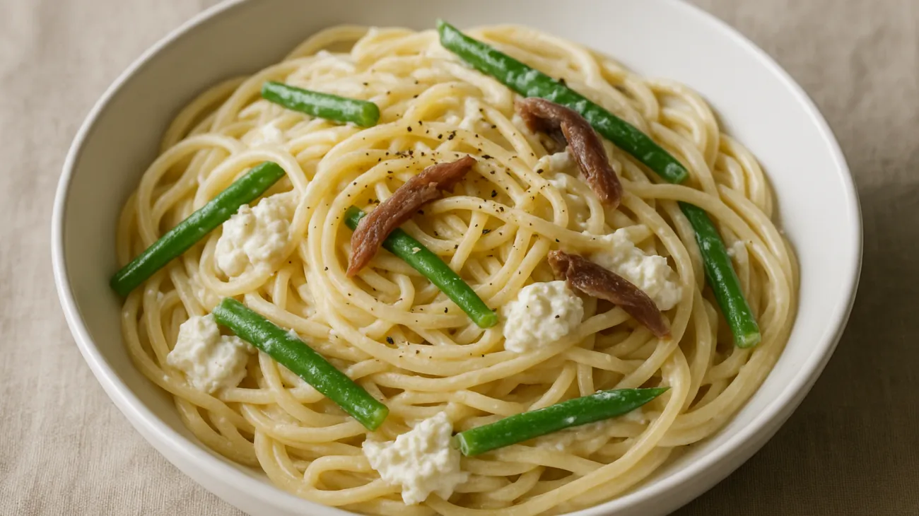 spaghetti cremosi ricotta fagiolini croccanti acciughe"